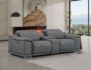 HomeRoots 93" Battleship Gray Leather Power Reclining Loveseat with Plush Comfort & Modern Silver Accents 643825