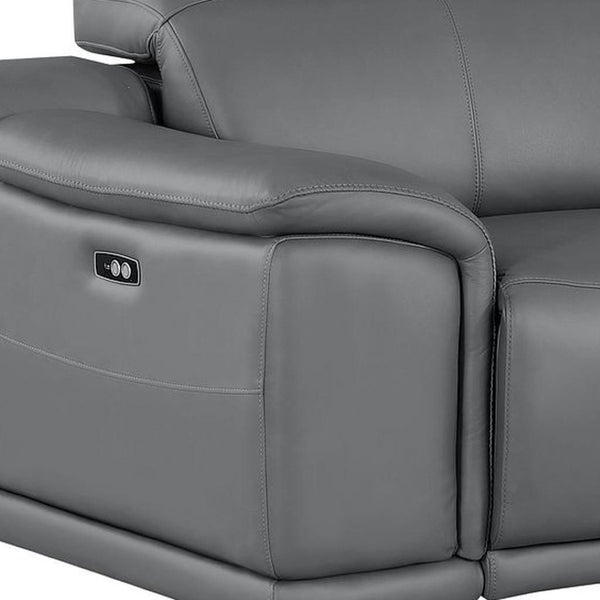 HomeRoots 93" Battleship Gray Leather Power Reclining Loveseat with Plush Comfort & Modern Silver Accents 643825