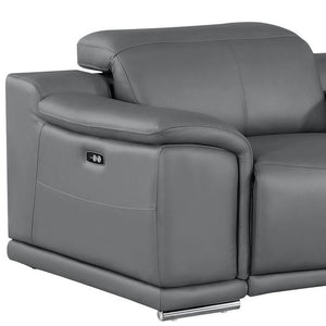 HomeRoots 93" Battleship Gray Leather Power Reclining Loveseat with Plush Comfort & Modern Silver Accents 643825
