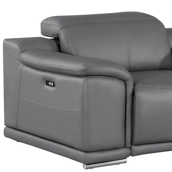HomeRoots 93" Battleship Gray Leather Power Reclining Loveseat with Plush Comfort & Modern Silver Accents 643825
