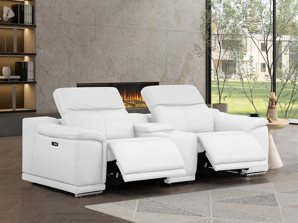 HomeRoots 93" White and Silver Leather Power Reclining Loveseat - Luxurious Comfort with Modern Elegance! 643827
