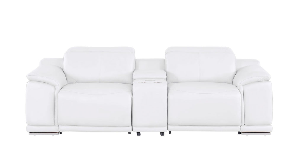 HomeRoots 93" White and Silver Leather Power Reclining Loveseat - Luxurious Comfort with Modern Elegance! 643827