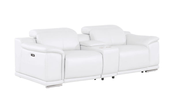 HomeRoots 93" White and Silver Leather Power Reclining Loveseat - Luxurious Comfort with Modern Elegance! 643827