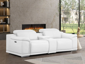 HomeRoots 93" White and Silver Leather Power Reclining Loveseat - Luxurious Comfort with Modern Elegance! 643827