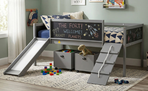 English Elm Twin Kids Loft Bed Solid Pine Frame with Slide Chalkboard and Climbing Rope Play Zone Gray N708P340493E