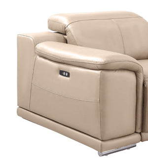 Three Piece Genuine Leather Sectional Sofa Set Seating Six in Neutral Tones