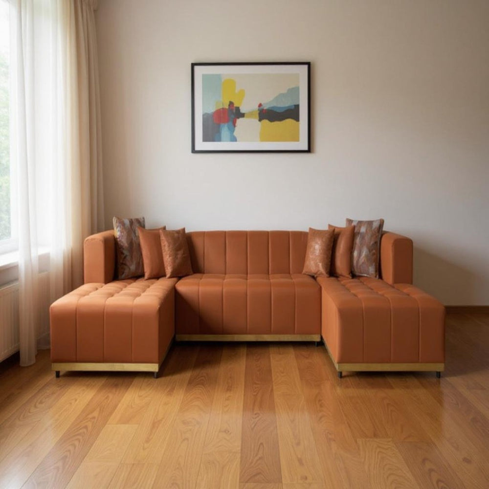 HomeRoots Orange Velvet U-Shaped Sectional Sofa with Double Chaise & 6 Toss Pillows for Modern Living Spaces 643876