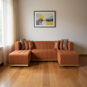 HomeRoots Orange Velvet U-Shaped Sectional Sofa with Double Chaise & 6 Toss Pillows for Modern Living Spaces 643876