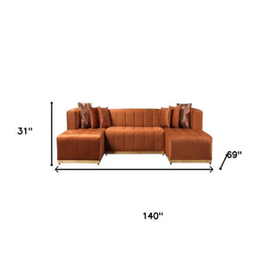 HomeRoots Orange Velvet U-Shaped Sectional Sofa with Double Chaise & 6 Toss Pillows for Modern Living Spaces 643876