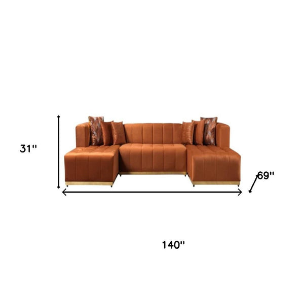 HomeRoots Orange Velvet U-Shaped Sectional Sofa with Double Chaise & 6 Toss Pillows for Modern Living Spaces 643876