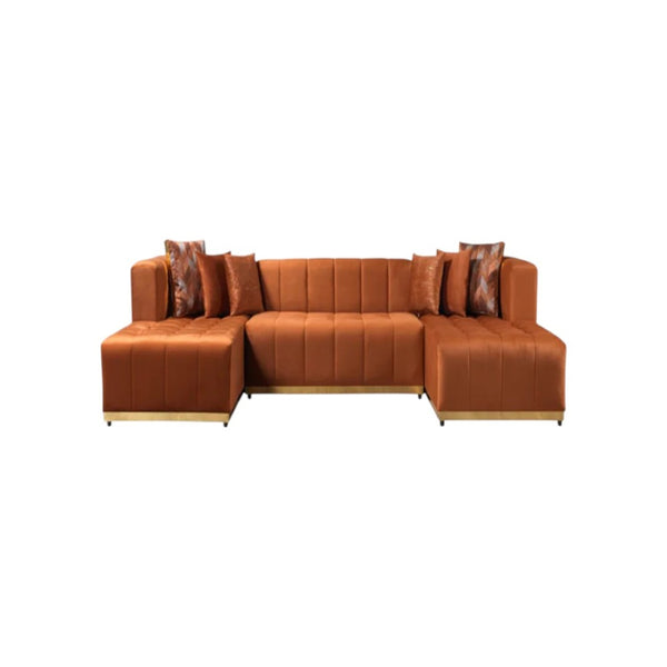 HomeRoots Orange Velvet U-Shaped Sectional Sofa with Double Chaise & 6 Toss Pillows for Modern Living Spaces 643876
