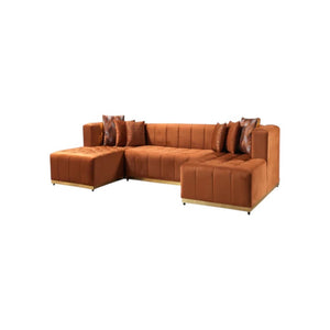 HomeRoots Orange Velvet U-Shaped Sectional Sofa with Double Chaise & 6 Toss Pillows for Modern Living Spaces 643876