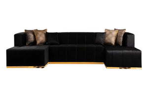 HomeRoots Black Velvet U-Shaped Three-Piece Sofa Sectional with Chaise & Toss Pillows for Stylish Comfort 643877
