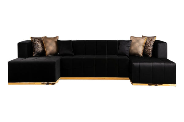 HomeRoots Black Velvet U-Shaped Three-Piece Sofa Sectional with Chaise & Toss Pillows for Stylish Comfort 643877