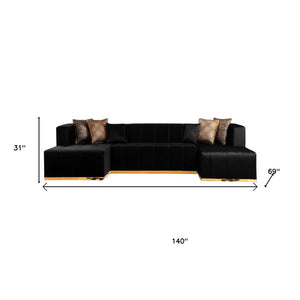 HomeRoots Black Velvet U-Shaped Three-Piece Sofa Sectional with Chaise & Toss Pillows for Stylish Comfort 643877