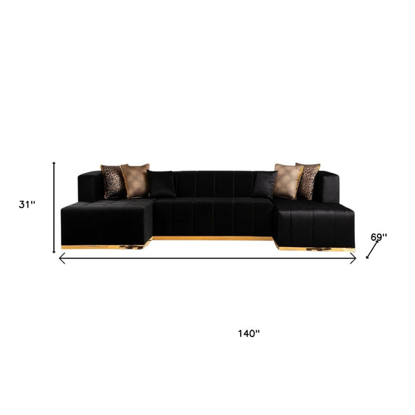 HomeRoots Black Velvet U-Shaped Three-Piece Sofa Sectional with Chaise & Toss Pillows for Stylish Comfort 643877