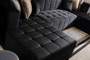 HomeRoots Black Velvet U-Shaped Three-Piece Sofa Sectional with Chaise & Toss Pillows for Stylish Comfort 643877