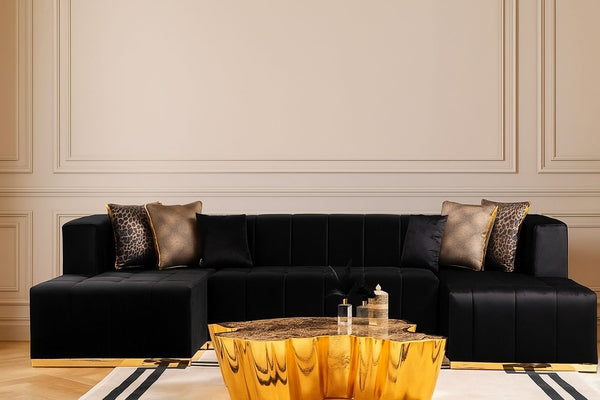 HomeRoots Black Velvet U-Shaped Three-Piece Sofa Sectional with Chaise & Toss Pillows for Stylish Comfort 643877