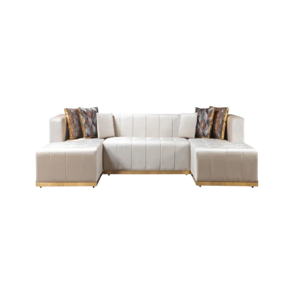 HomeRoots Ivory Velvet U-Shaped Sectional Sofa with Double Chaise & Decorative Toss Pillows for Luxe Comfort 643878