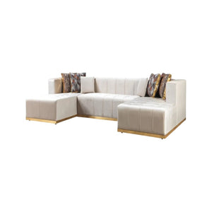 HomeRoots Ivory Velvet U-Shaped Sectional Sofa with Double Chaise & Decorative Toss Pillows for Luxe Comfort 643878