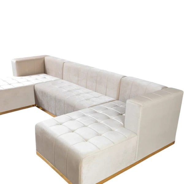 HomeRoots Ivory Velvet U-Shaped Sectional Sofa with Double Chaise & Decorative Toss Pillows for Luxe Comfort 643878