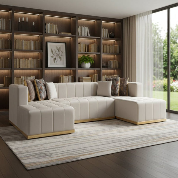 HomeRoots Ivory Velvet U-Shaped Sectional Sofa with Double Chaise & Decorative Toss Pillows for Luxe Comfort 643878