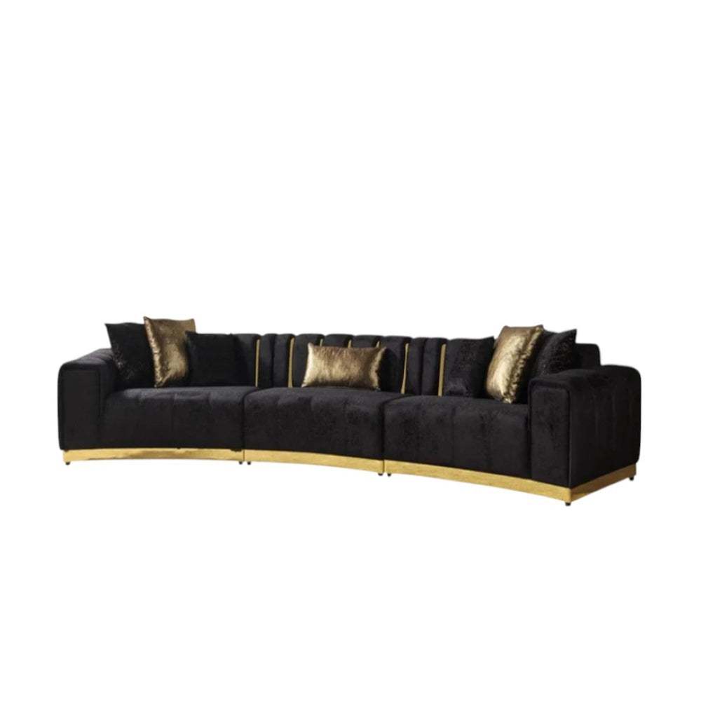 HomeRoots Black Velvet Curved Three-Piece Sectional Sofa with Toss Pillows for Glamorous Living Room Style 643880