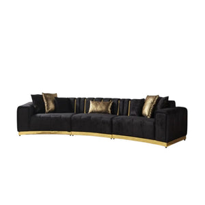 HomeRoots Black Velvet Curved Three-Piece Sectional Sofa with Toss Pillows for Glamorous Living Room Style 643880