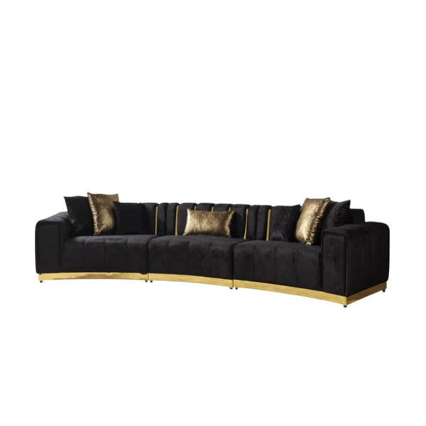 HomeRoots Black Velvet Curved Three-Piece Sectional Sofa with Toss Pillows for Glamorous Living Room Style 643880