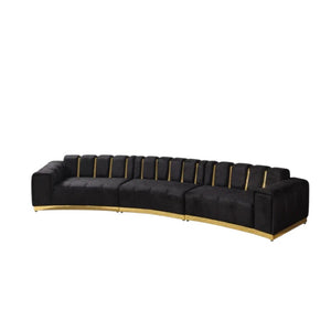 HomeRoots Black Velvet Curved Three-Piece Sectional Sofa with Toss Pillows for Glamorous Living Room Style 643880