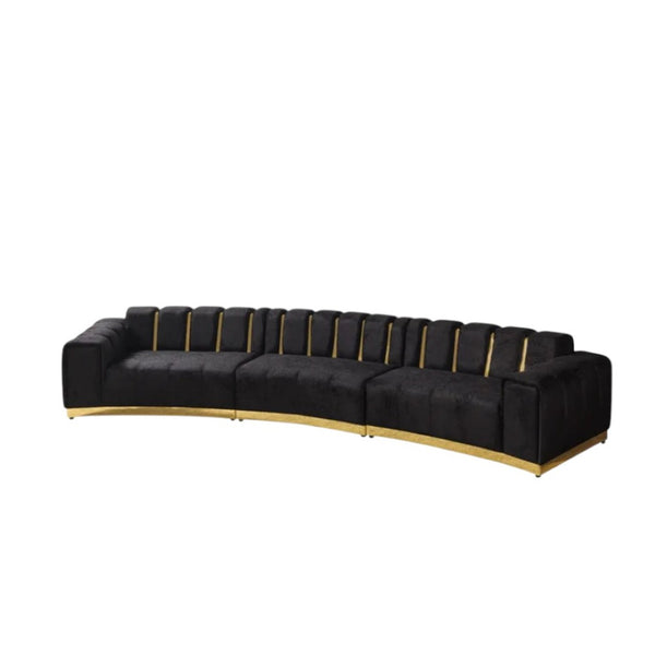 HomeRoots Black Velvet Curved Three-Piece Sectional Sofa with Toss Pillows for Glamorous Living Room Style 643880