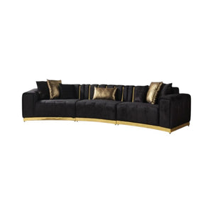 HomeRoots Black Velvet Curved Three-Piece Sectional Sofa with Toss Pillows for Glamorous Living Room Style 643880