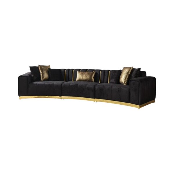 HomeRoots Black Velvet Curved Three-Piece Sectional Sofa with Toss Pillows for Glamorous Living Room Style 643880
