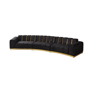 HomeRoots Black Velvet Curved Three-Piece Sectional Sofa with Toss Pillows for Glamorous Living Room Style 643880