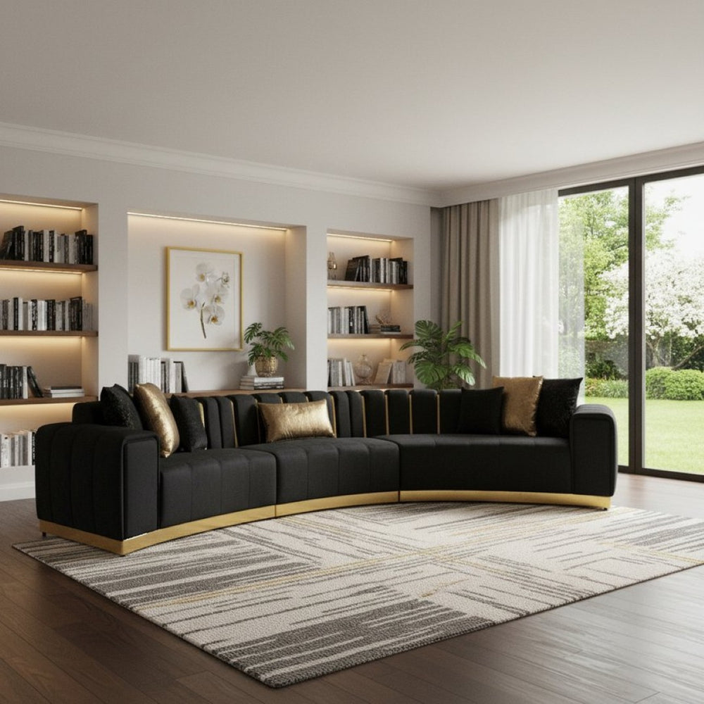 HomeRoots Black Velvet Curved Three-Piece Sectional Sofa with Toss Pillows for Glamorous Living Room Style 643880