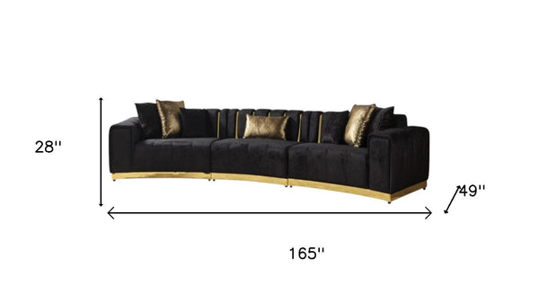 HomeRoots Black Velvet Curved Three-Piece Sectional Sofa with Toss Pillows for Glamorous Living Room Style 643880