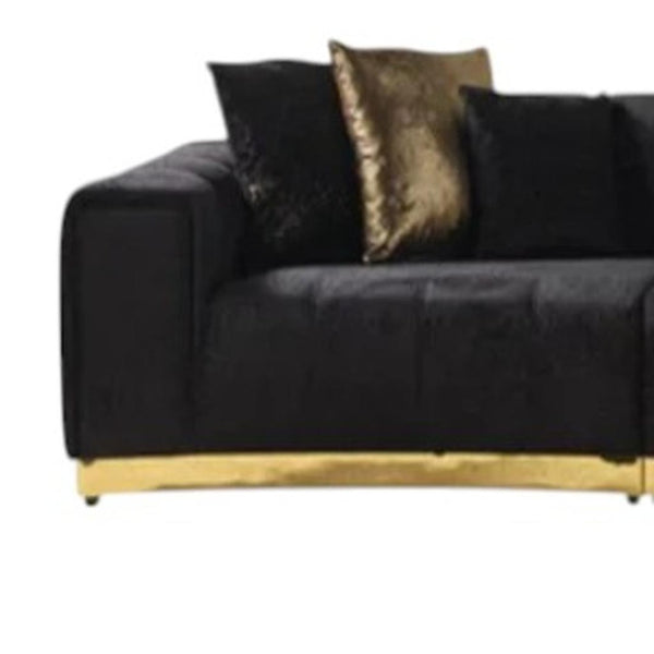 HomeRoots Black Velvet Curved Three-Piece Sectional Sofa with Toss Pillows for Glamorous Living Room Style 643880