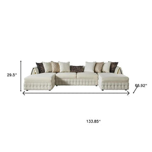 HomeRoots Cream Velvet U-Shaped Sectional Sofa with Double Chaise & Toss Pillows for Luxurious Living Spaces 643881