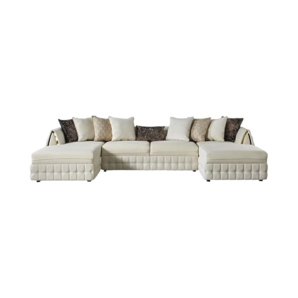 HomeRoots Cream Velvet U-Shaped Sectional Sofa with Double Chaise & Toss Pillows for Luxurious Living Spaces 643881