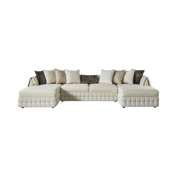 HomeRoots Cream Velvet U-Shaped Sectional Sofa with Double Chaise & Toss Pillows for Luxurious Living Spaces 643881