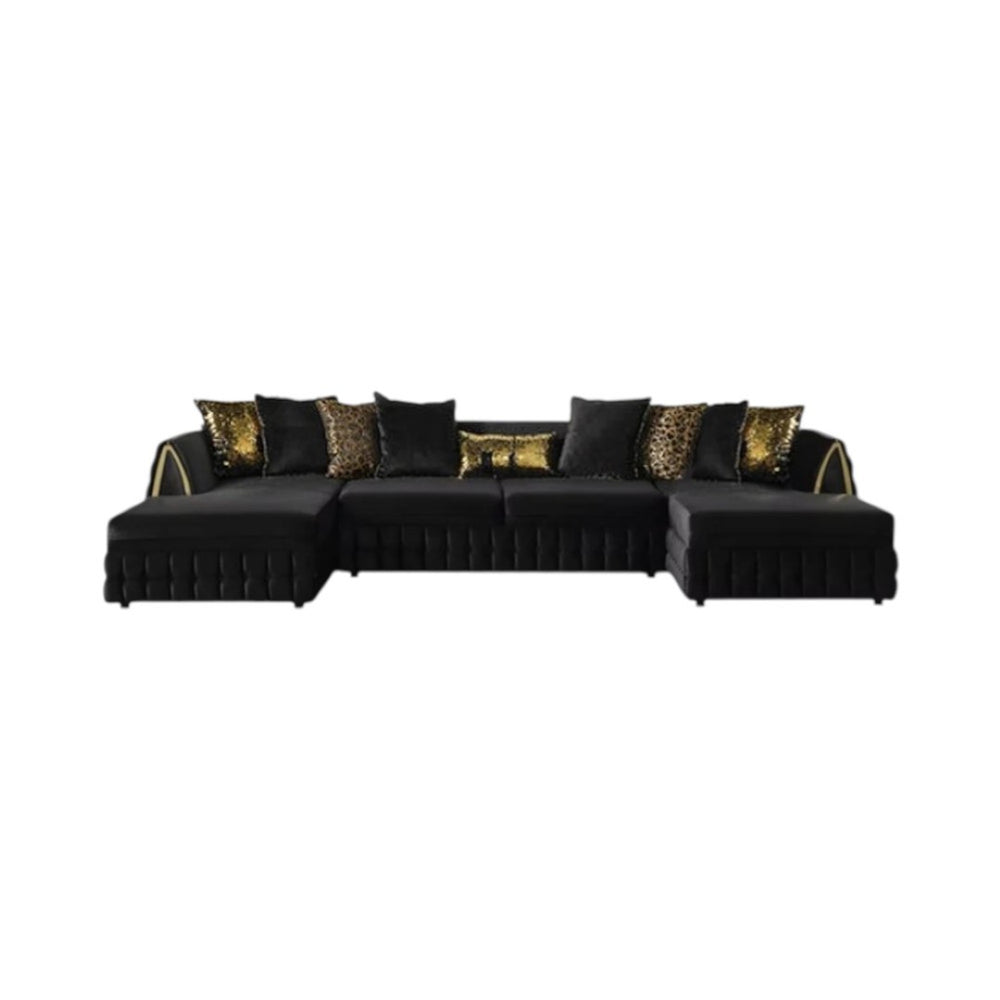 HomeRoots Black Velvet U-Shaped Sectional Sofa with Double Chaise & 8 Toss Pillows for Modern Living Rooms 643882
