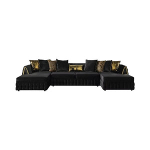 HomeRoots Black Velvet U-Shaped Sectional Sofa with Double Chaise & 8 Toss Pillows for Modern Living Rooms 643882