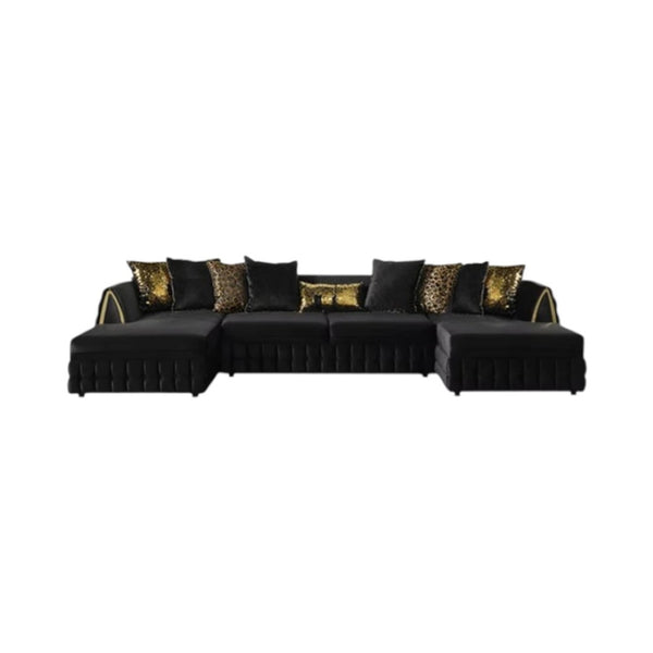 HomeRoots Black Velvet U-Shaped Sectional Sofa with Double Chaise & 8 Toss Pillows for Modern Living Rooms 643882