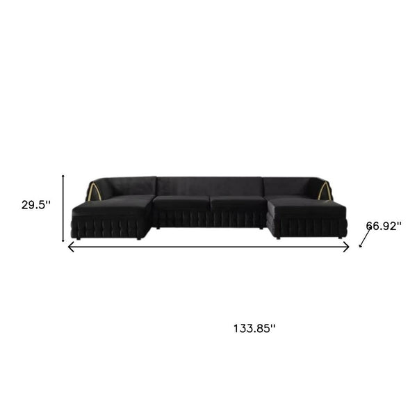 HomeRoots Black Velvet U-Shaped Sectional Sofa with Double Chaise & 8 Toss Pillows for Modern Living Rooms 643882