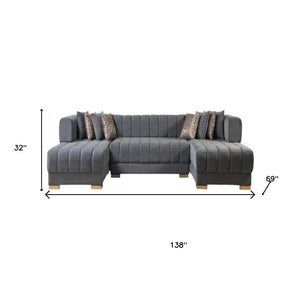 HomeRoots Gray Velvet U-Shaped Sectional Sofa with Chaise & 8 Toss Pillows - Luxurious Comfort & Glam Style 643883