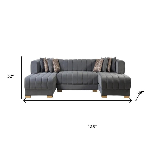 HomeRoots Gray Velvet U-Shaped Sectional Sofa with Chaise & 8 Toss Pillows - Luxurious Comfort & Glam Style 643883