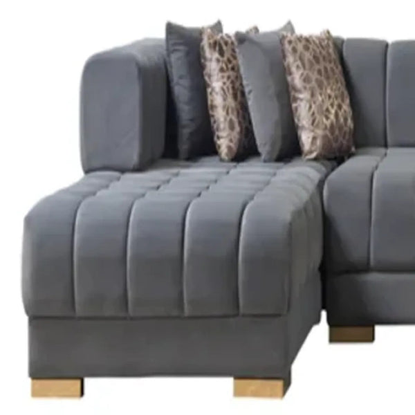 HomeRoots Gray Velvet U-Shaped Sectional Sofa with Chaise & 8 Toss Pillows - Luxurious Comfort & Glam Style 643883