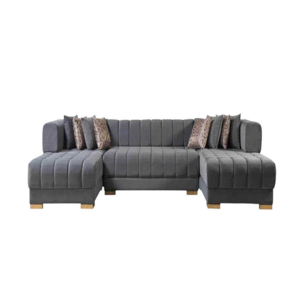 HomeRoots Gray Velvet U-Shaped Sectional Sofa with Chaise & 8 Toss Pillows - Luxurious Comfort & Glam Style 643883