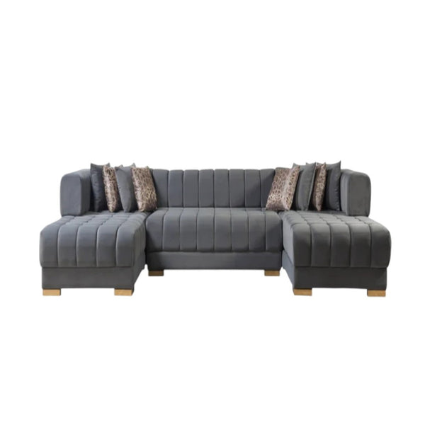 HomeRoots Gray Velvet U-Shaped Sectional Sofa with Chaise & 8 Toss Pillows - Luxurious Comfort & Glam Style 643883