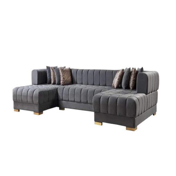 HomeRoots Gray Velvet U-Shaped Sectional Sofa with Chaise & 8 Toss Pillows - Luxurious Comfort & Glam Style 643883